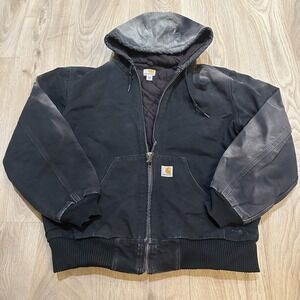 Vintage Y2K Carhartt Men M J140 black hooded work wear jacket. Sun Faded Patina